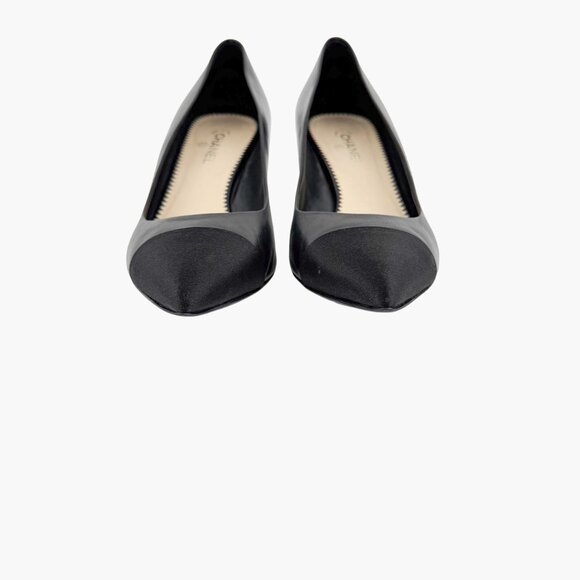 Chanel Cap Toe CC Kitten Pumps EU 38.5 US 7.5-8 Black Leather Pointed Low Heel - Picture 6 of 15
